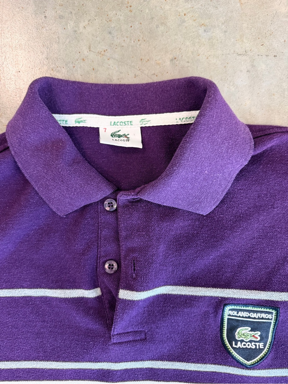 Lacoste Purple Polo with White Stripe and Roland Garros Patch